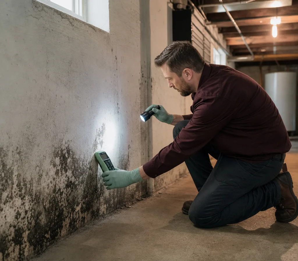 Contractor performing a basement mold inspection with a flashlight and moisture meter near a foundation wall