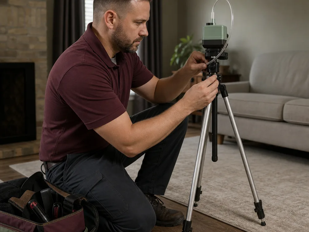 Contractor setting up an air sampling pump on a tripod in a living room
