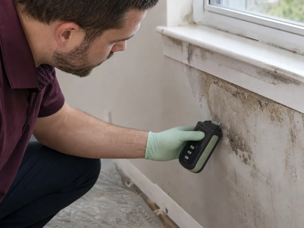 Contractor using a pin-type moisture meter on stained drywall near a window sill
