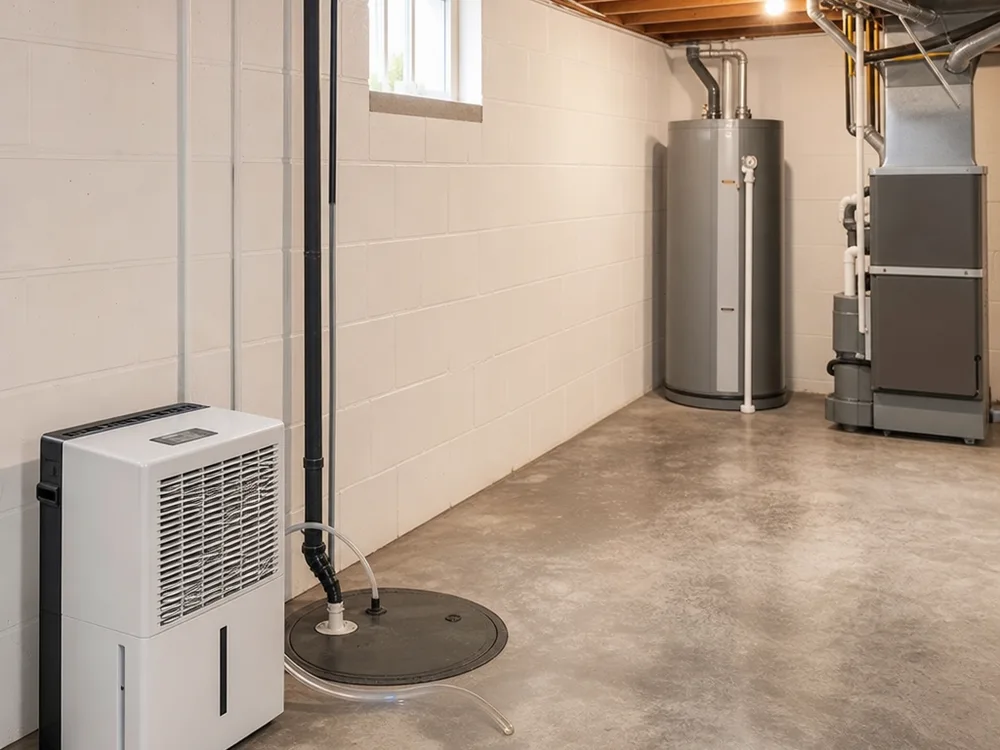 Clean dry basement utility area with a dehumidifier and improved drainage after moisture issues were addressed