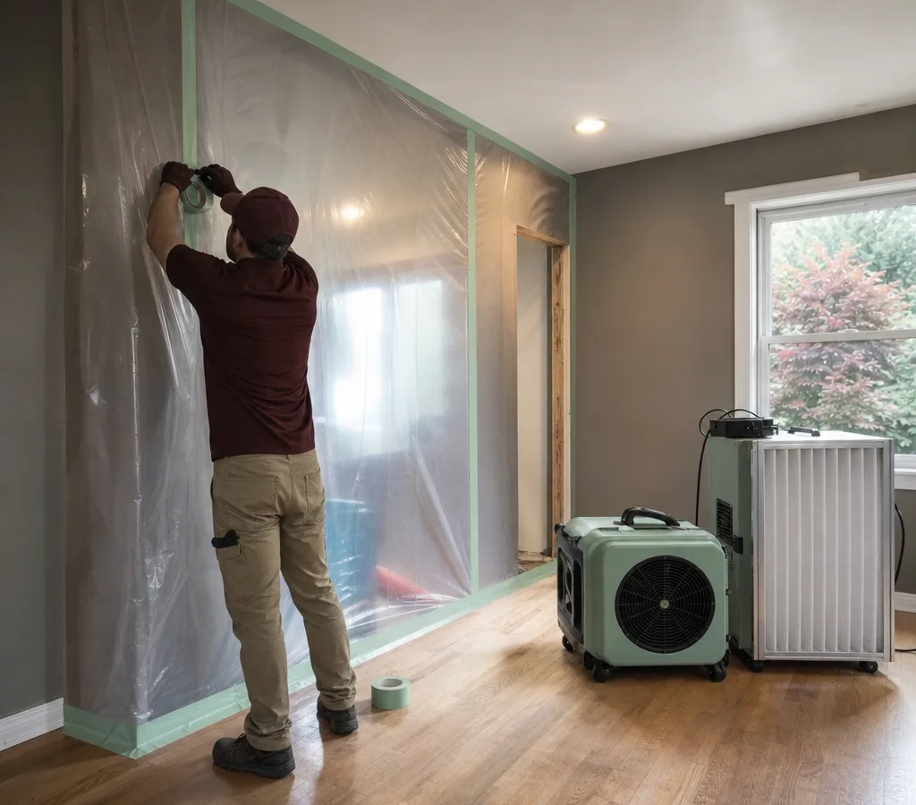 Contractor setting up a containment barrier with plastic sheeting and tape in a residential room with air filtration equipment nearby