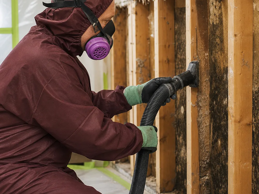 Contractor in protective gear HEPA-vacuuming exposed wall studs inside a contained work area