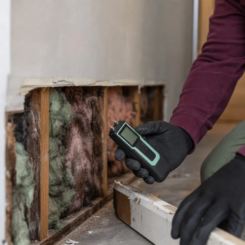 Removed baseboard and drywall flood cut exposing damp insulation and framing with a moisture meter nearby