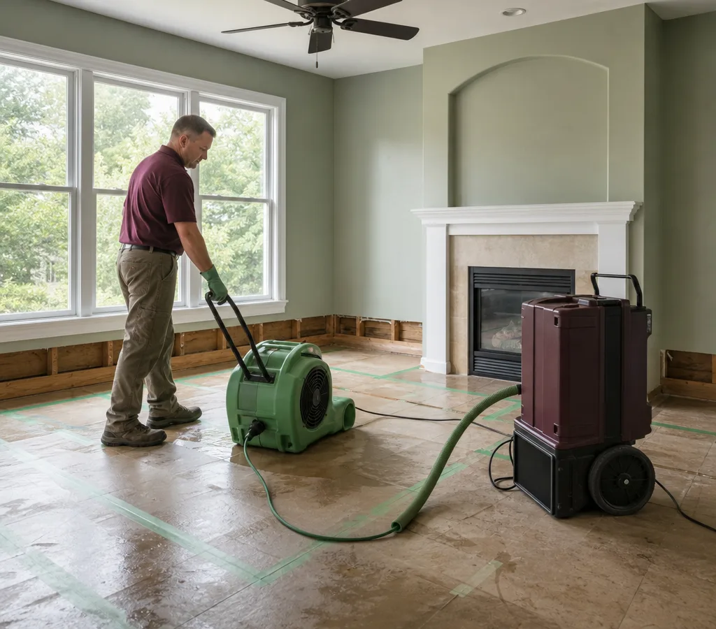 Contractor using commercial air movers and a dehumidifier in a water-damaged living room