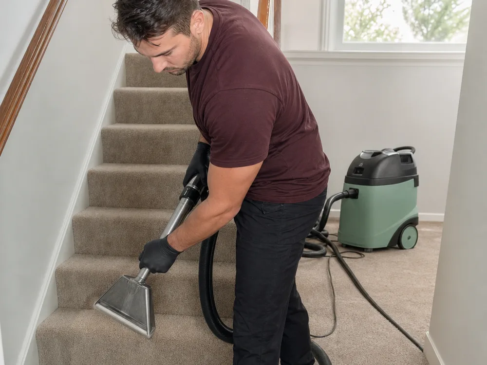 Contractor extracting water from carpeted stairs and a landing using portable equipment