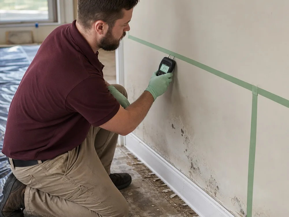 Contractor taking moisture meter readings along drywall and baseboards after a leak