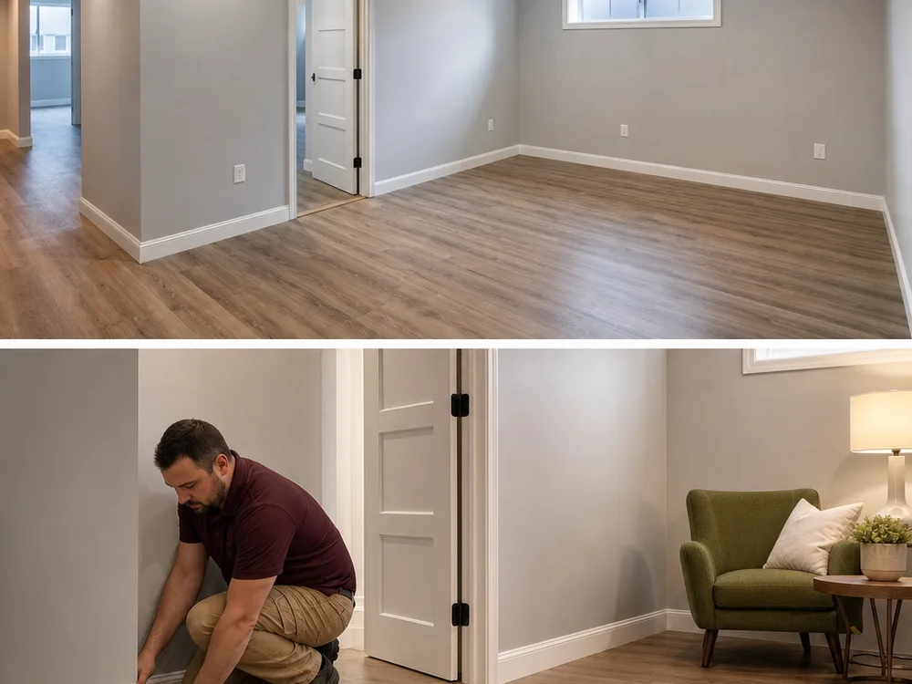 Rebuilt lower-level room with repaired drywall, new baseboards, and reinstalled flooring