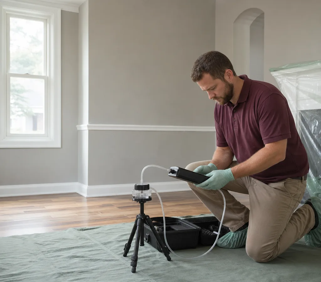 Contractor collecting an air sample with a calibrated pump and spore trap cassette in a residential room