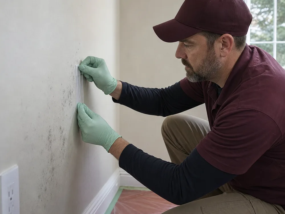 Contractor wearing gloves collecting a tape lift sample from visible spotting on painted drywall