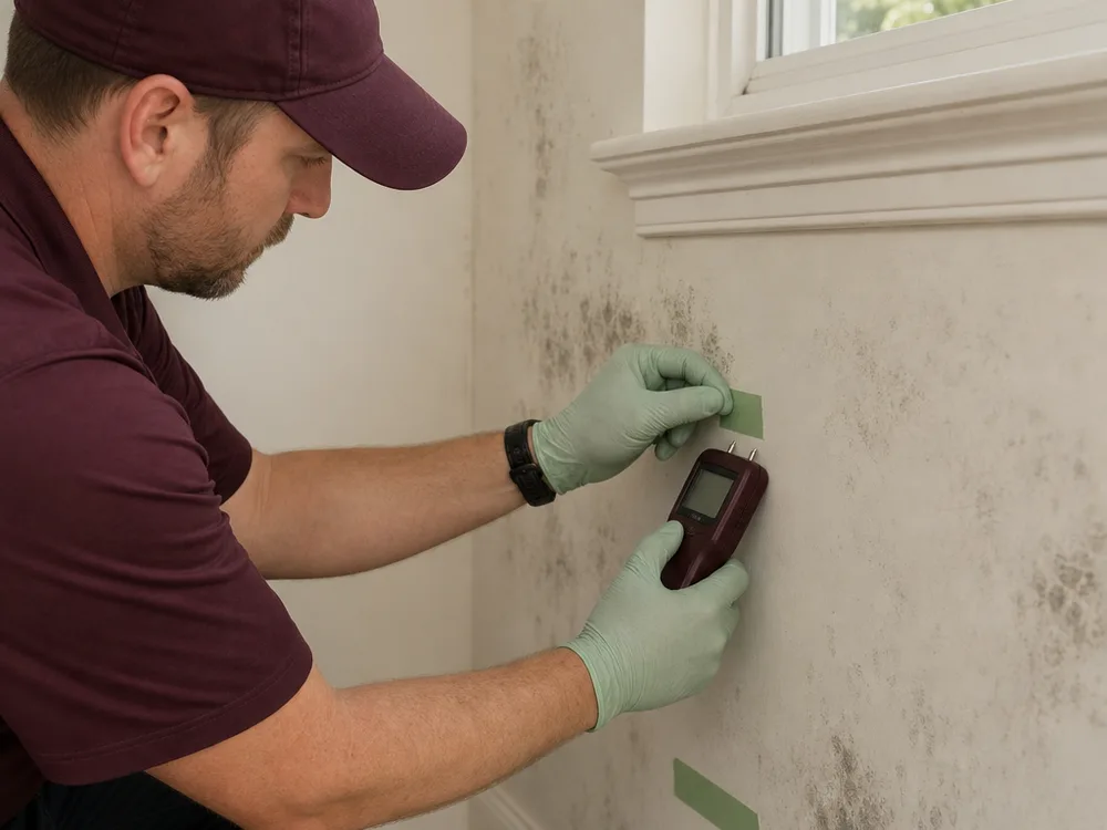 Contractor checking drywall near a window with a moisture meter and marking a sampling location