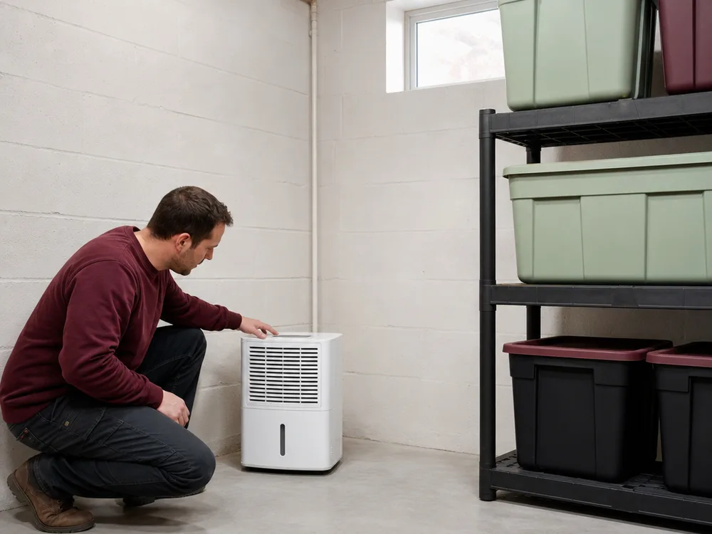 Clean dry basement corner with a dehumidifier and clear space around stored items