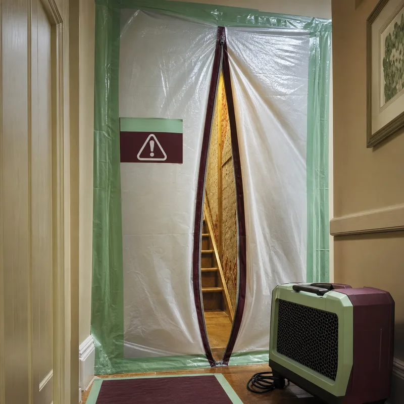 Plastic containment wall with taped seams and a zipper entry in a hallway leading to a basement