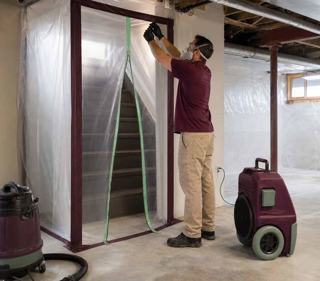 Contractor setting up a plastic containment wall and zipper door at a basement stairwell with remediation equipment nearby
