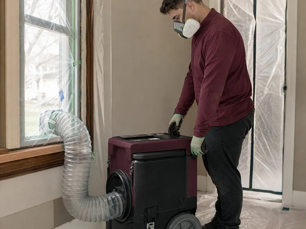 Negative air machine with HEPA filtration ducted to a window in a protected residential remediation area
