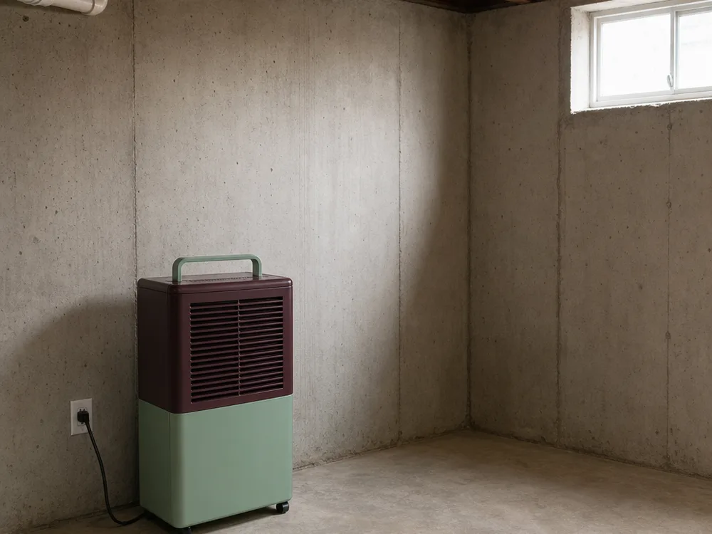 Clean dried basement corner with an exposed concrete wall and dehumidifier after remediation work