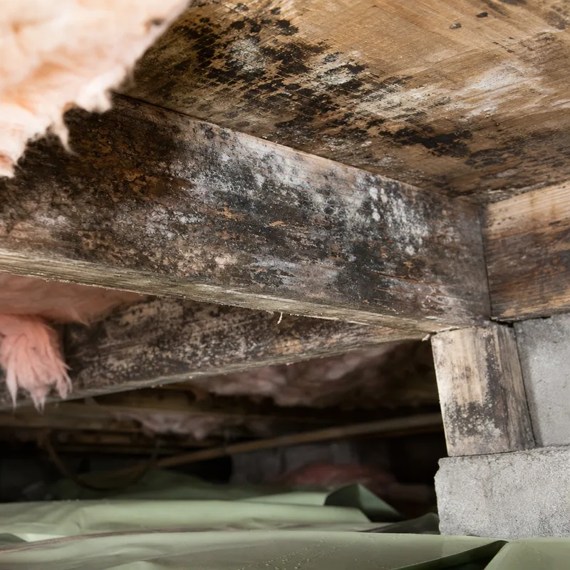 Close-up of mold growth and staining on crawl space floor joists and subflooring