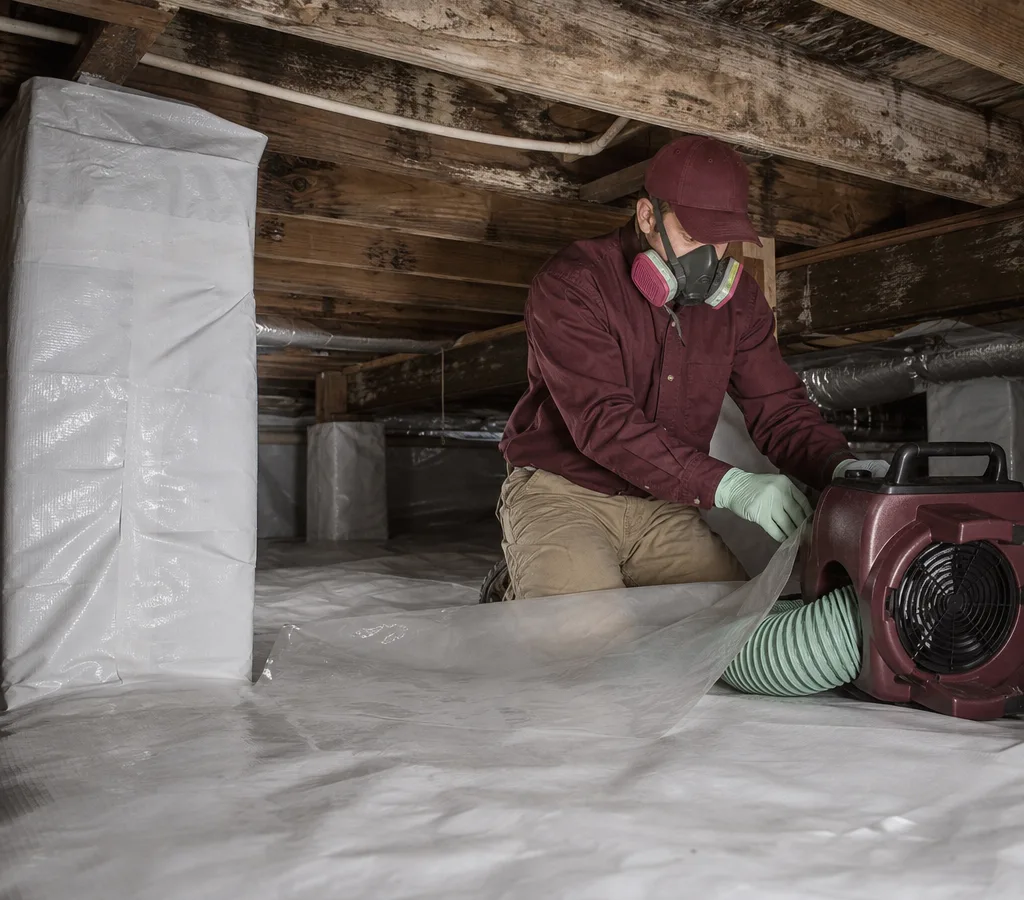 Wide residential crawl space with fungal growth on wood framing and a contractor preparing containment and mold removal equipment