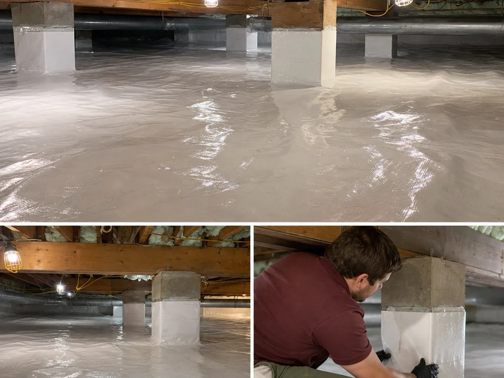 Finished crawl space with clean dry wood framing and neatly installed vapor barrier
